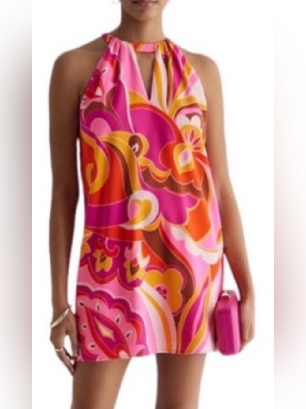 Express Retro Paisley Print Keyhole Halter Mini Dress Pink Orange